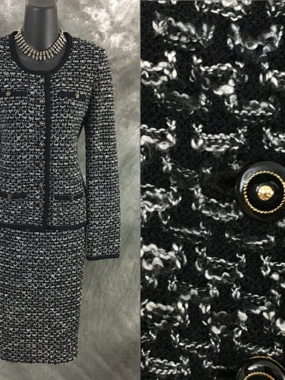 BEAUTIFUL St John collection knit Black white jacket skirt suit size 2